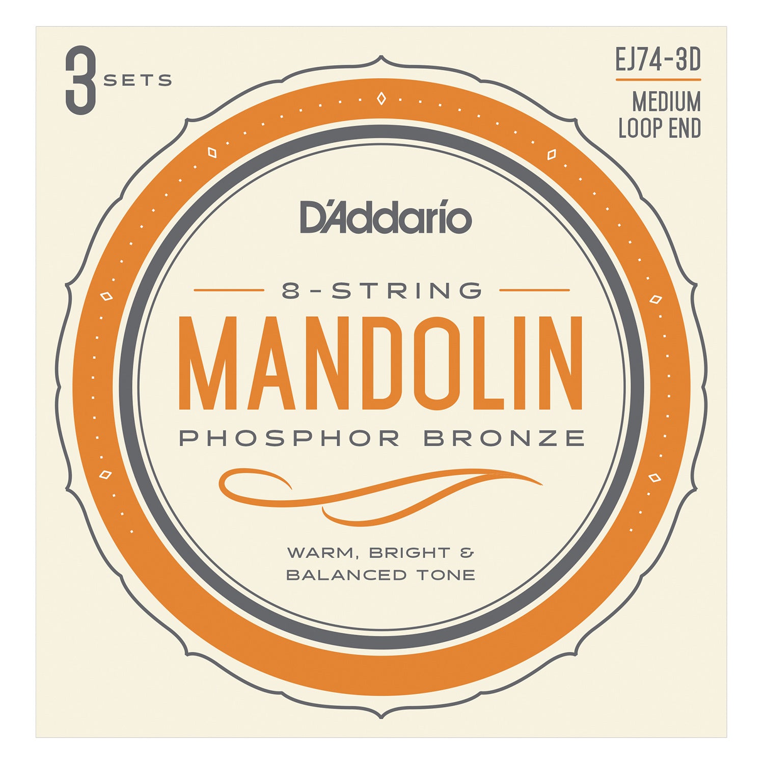 D'Addario EJ74-3D Mandolin Strings, Phosphor Bronze, Medium, 11-40, 3 Sets