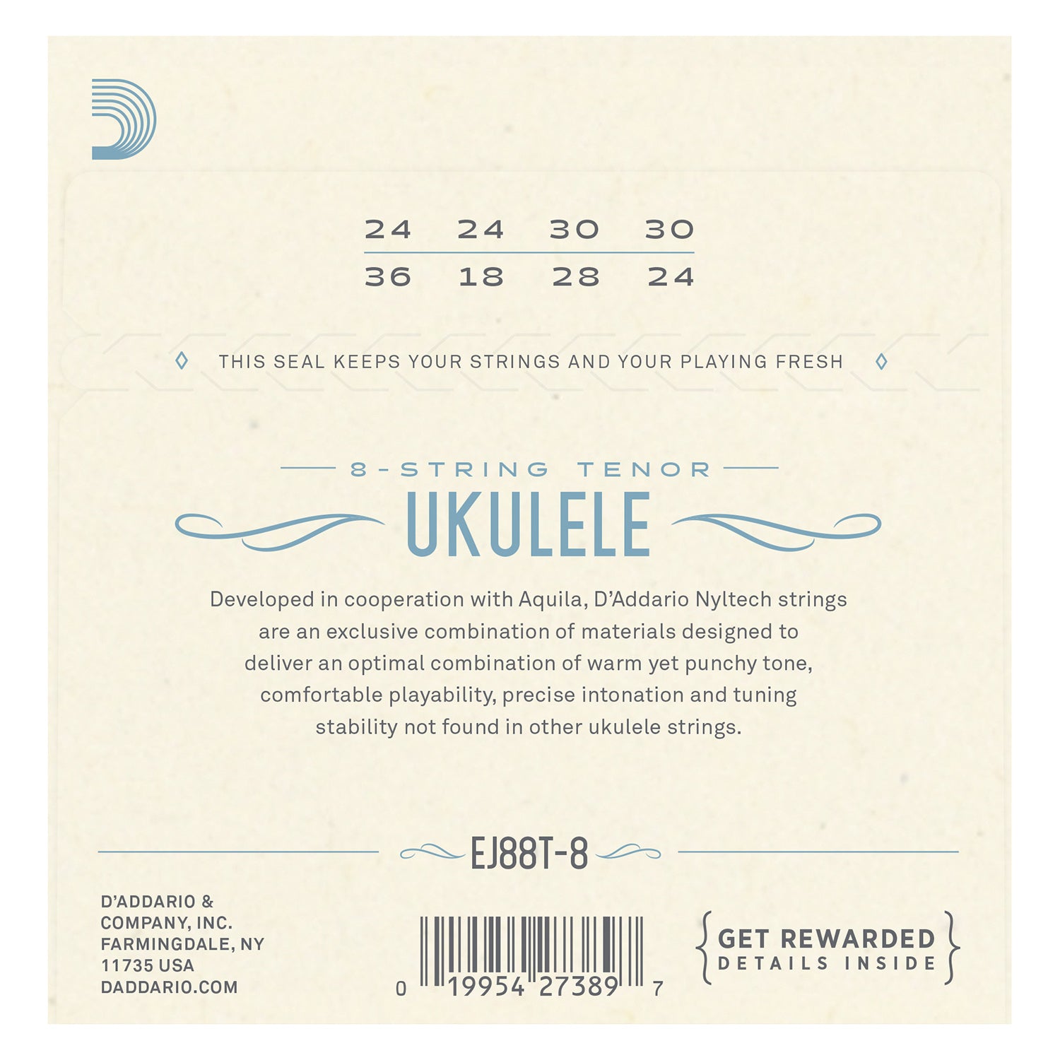 D'Addario EJ88T-8 Nyltech Ukulele, 8-String Tenor