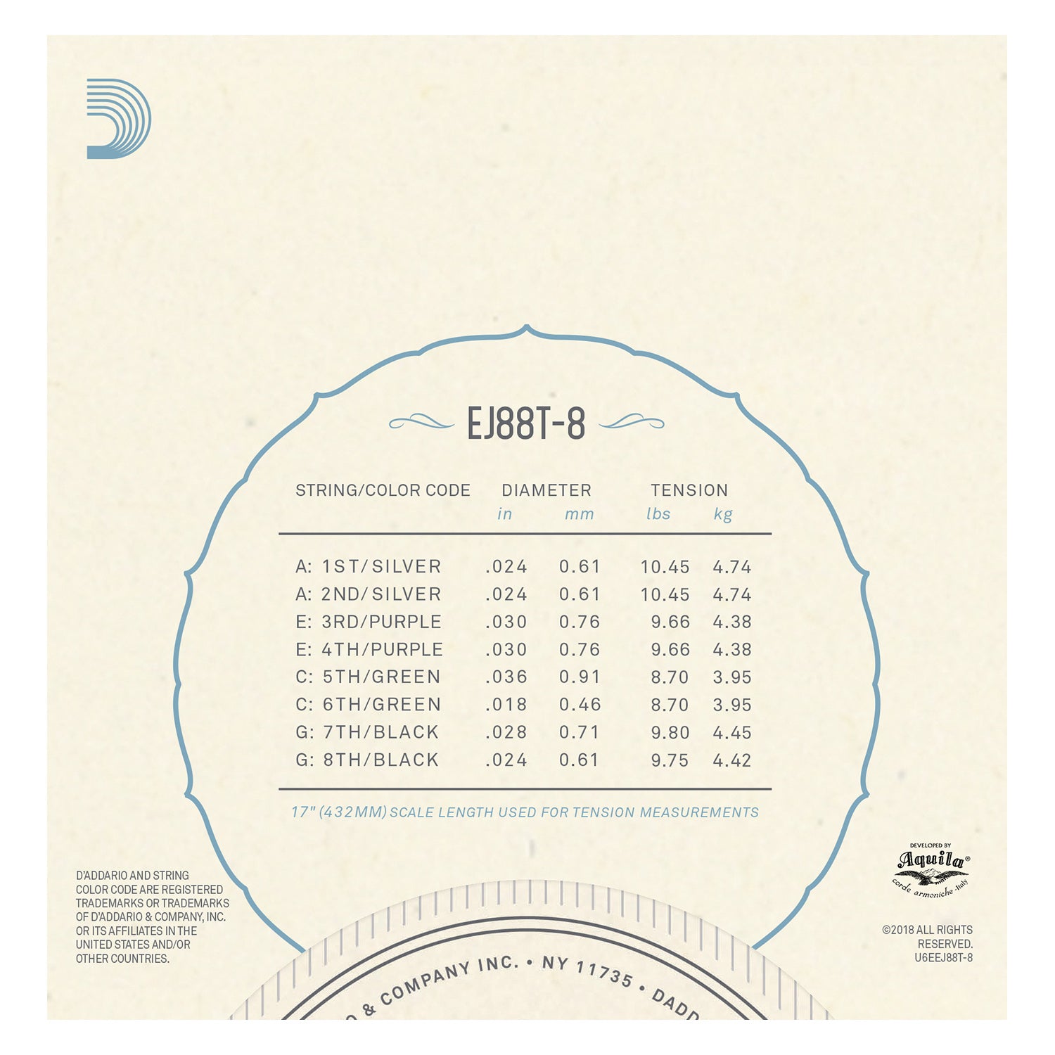 D'Addario EJ88T-8 Nyltech Ukulele, 8-String Tenor