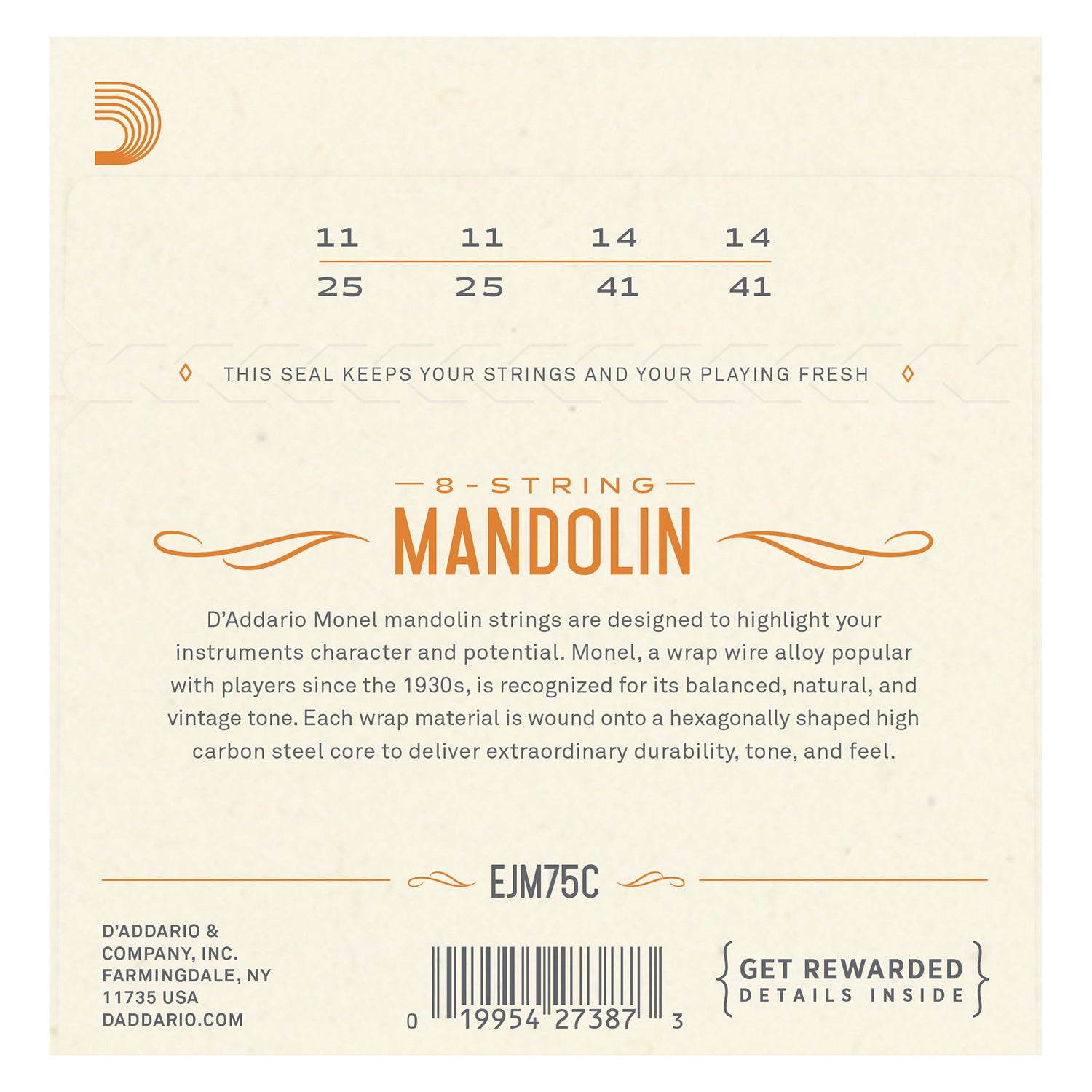 D'Addario EJM75C Monel Mandolin Strings, Medium Plus, 11-41
