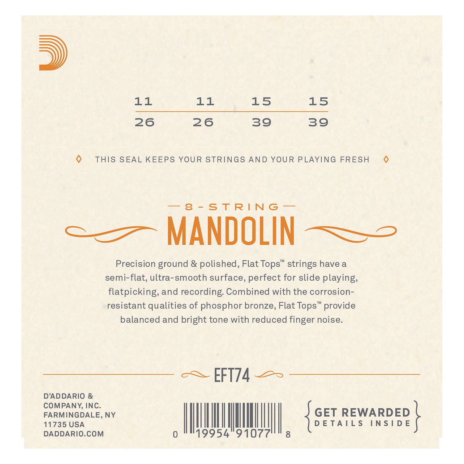 D'addario Mandolin Flat Tops Phosphor Bronze EFT74