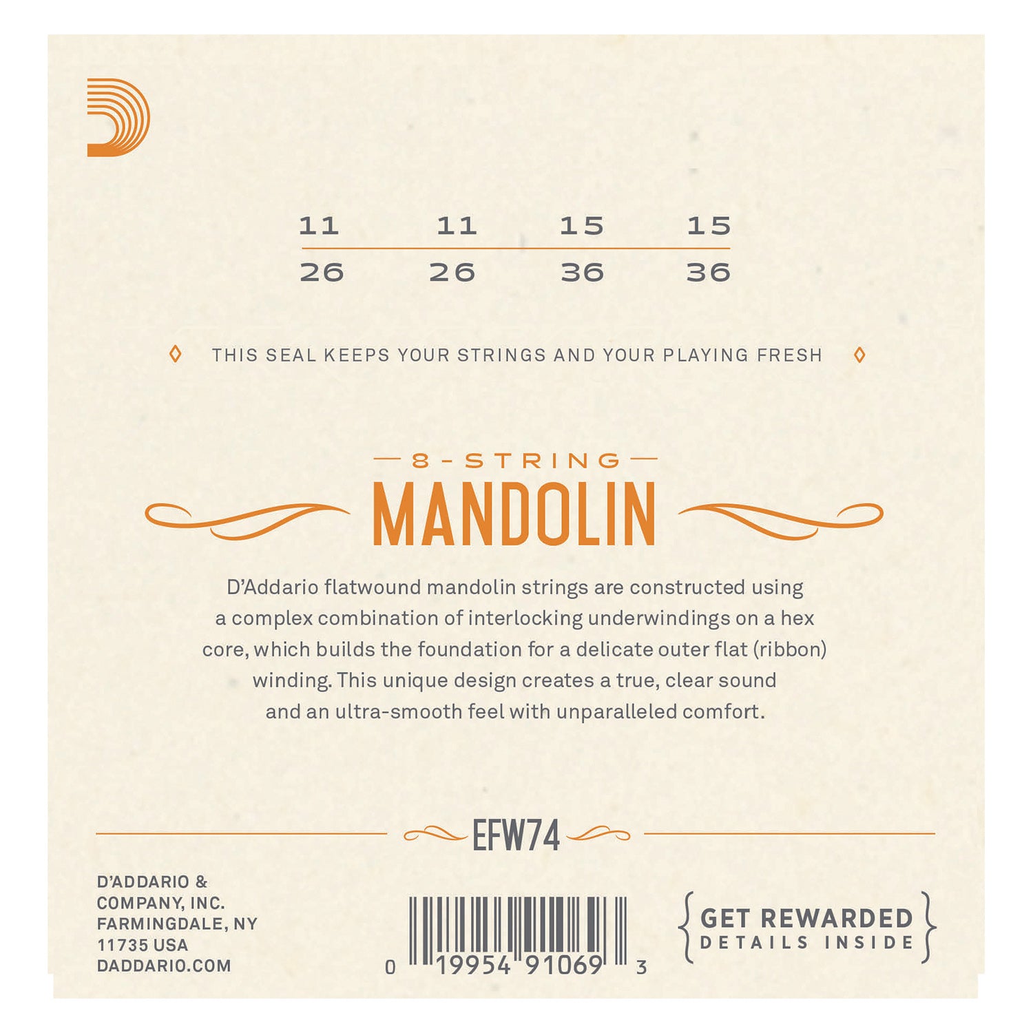 D'Addario EFW74 Flatwound Mandolin Strings, Phosphor Bronze, Medium, 11-36
