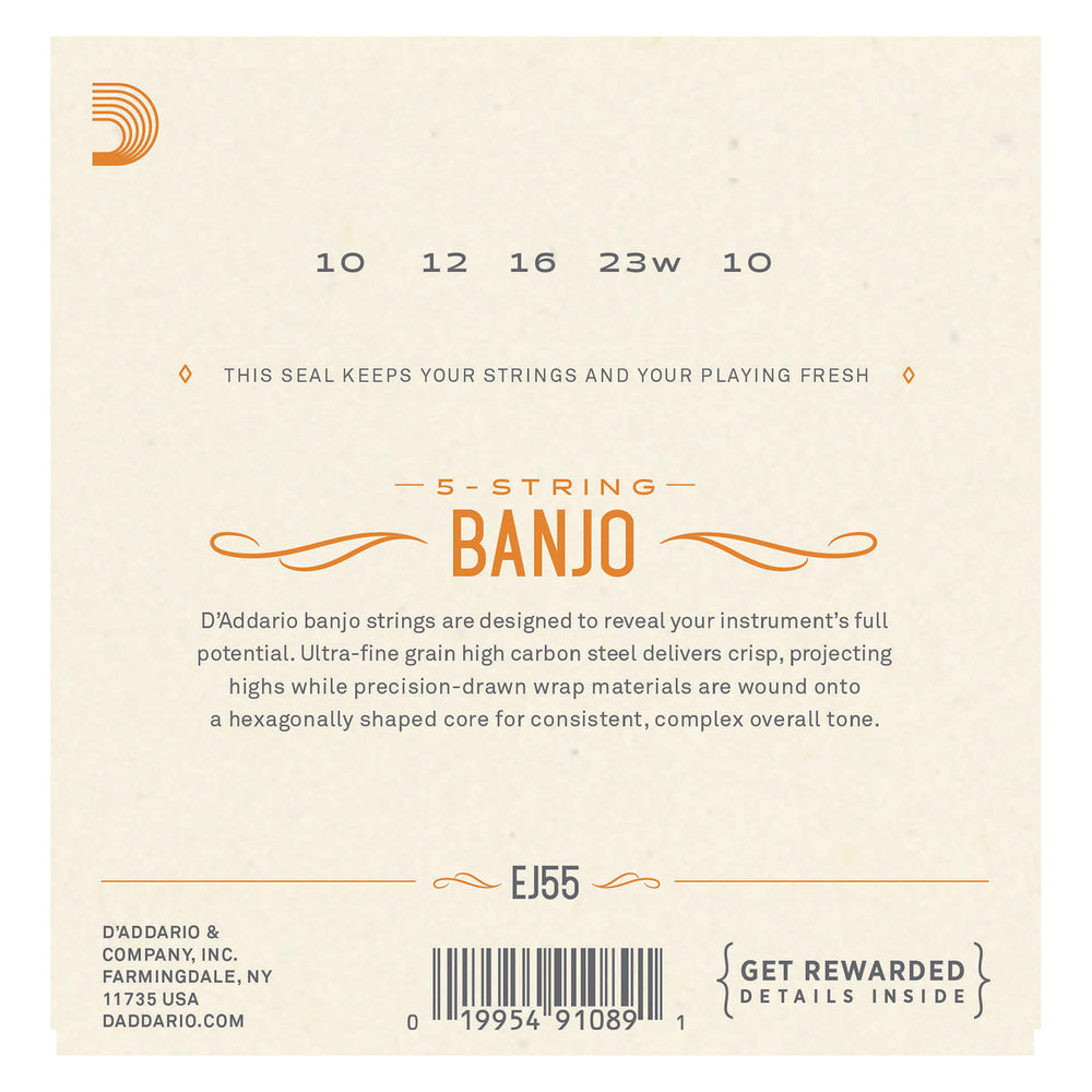 D'Addario EJ55 5-String Banjo Strings, Phosphor Bronze, Medium, 10-23