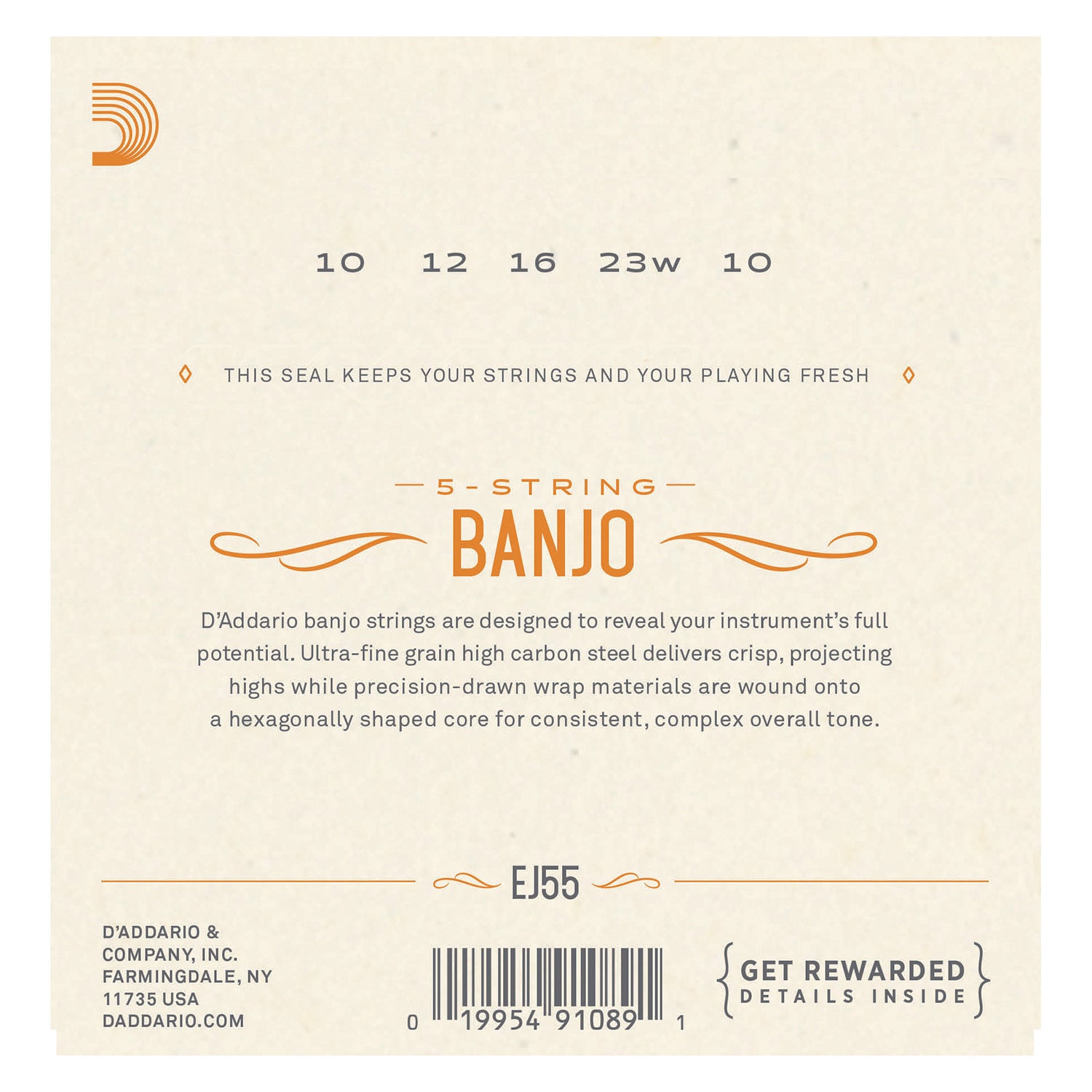 D'Addario EJ55 5-String Banjo Strings, Phosphor Bronze, Medium, 10-23