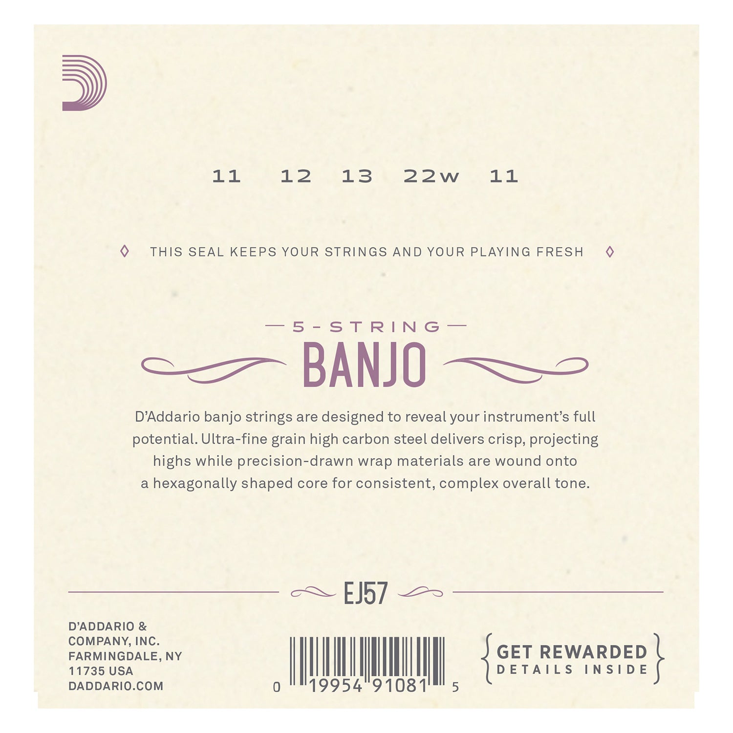 D'Addario EJ57 5-String Banjo Strings, Nickel, Custom Medium, 11-22