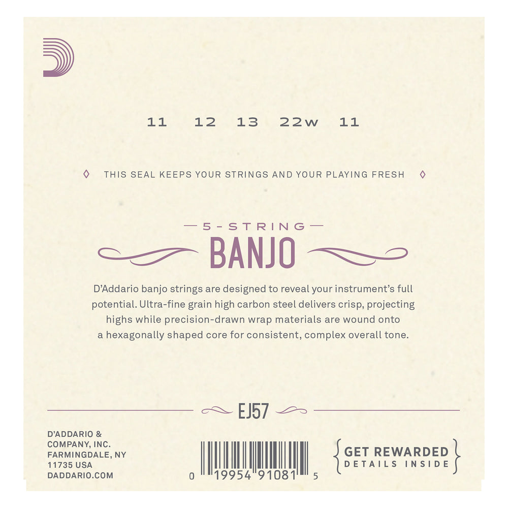 D'Addario EJ57 5-String Banjo Strings, Nickel, Custom Medium, 11-22