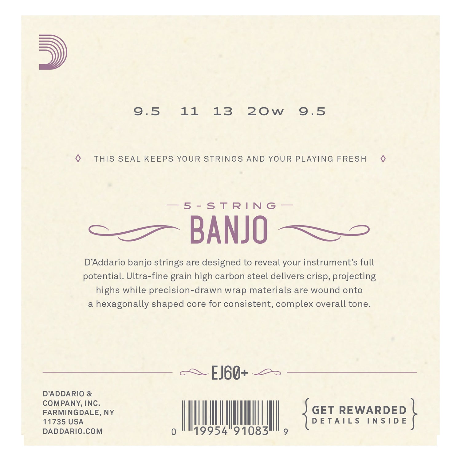 D'Addario EJ60+ 5-String Banjo Strings, Nickel, Light Plus, 9.5-20