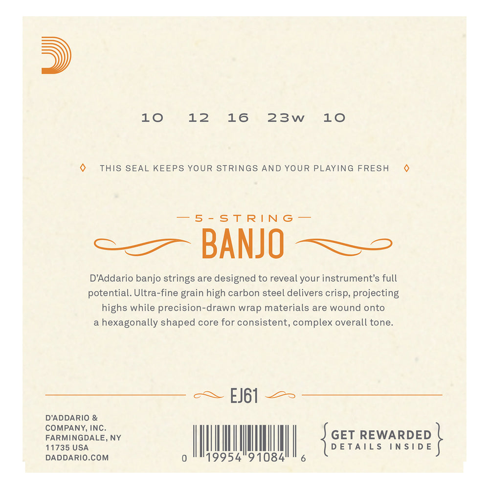 D'Addario EJ61 5-String Banjo Strings, Nickel, Medium 10-23