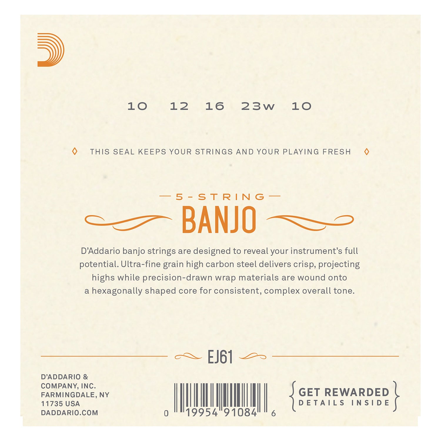 D'Addario EJ61 5-String Banjo Strings, Nickel, Medium 10-23