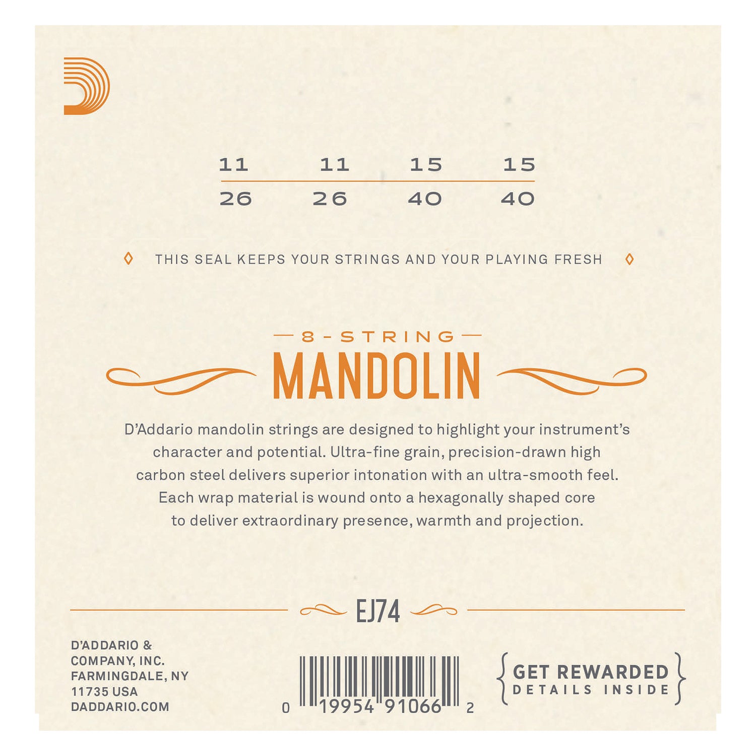 D'Addario EJ74 Mandolin Strings, Phosphor Bronze, Medium, 11-40