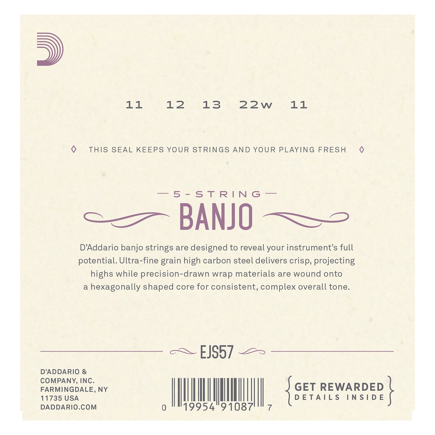 D'Addario EJS57 5-String Banjo Strings, Stainless Steel, Custom Medium, 11-22