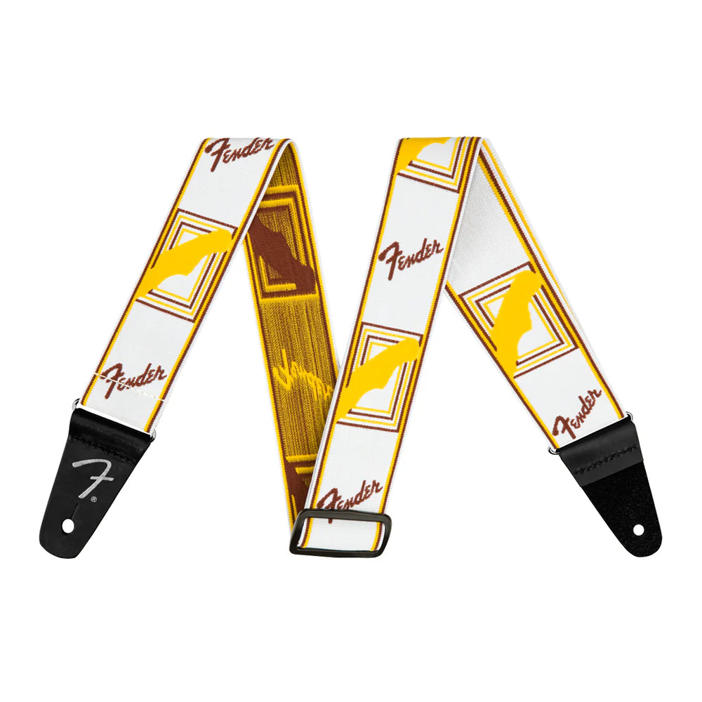 Fender® WeighLess™ Monogram Strap, White/Brown/Yellow, 2"