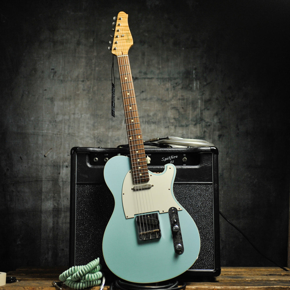 Seth Baccus Shoreline T Aged Sonic Blue Double Binding - Master Grade RW Neck, Parchment Plate