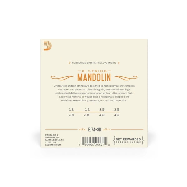 D'Addario EJ74-3D Mandolin Strings Phosphor Bronze Medium 11-40 3xPack