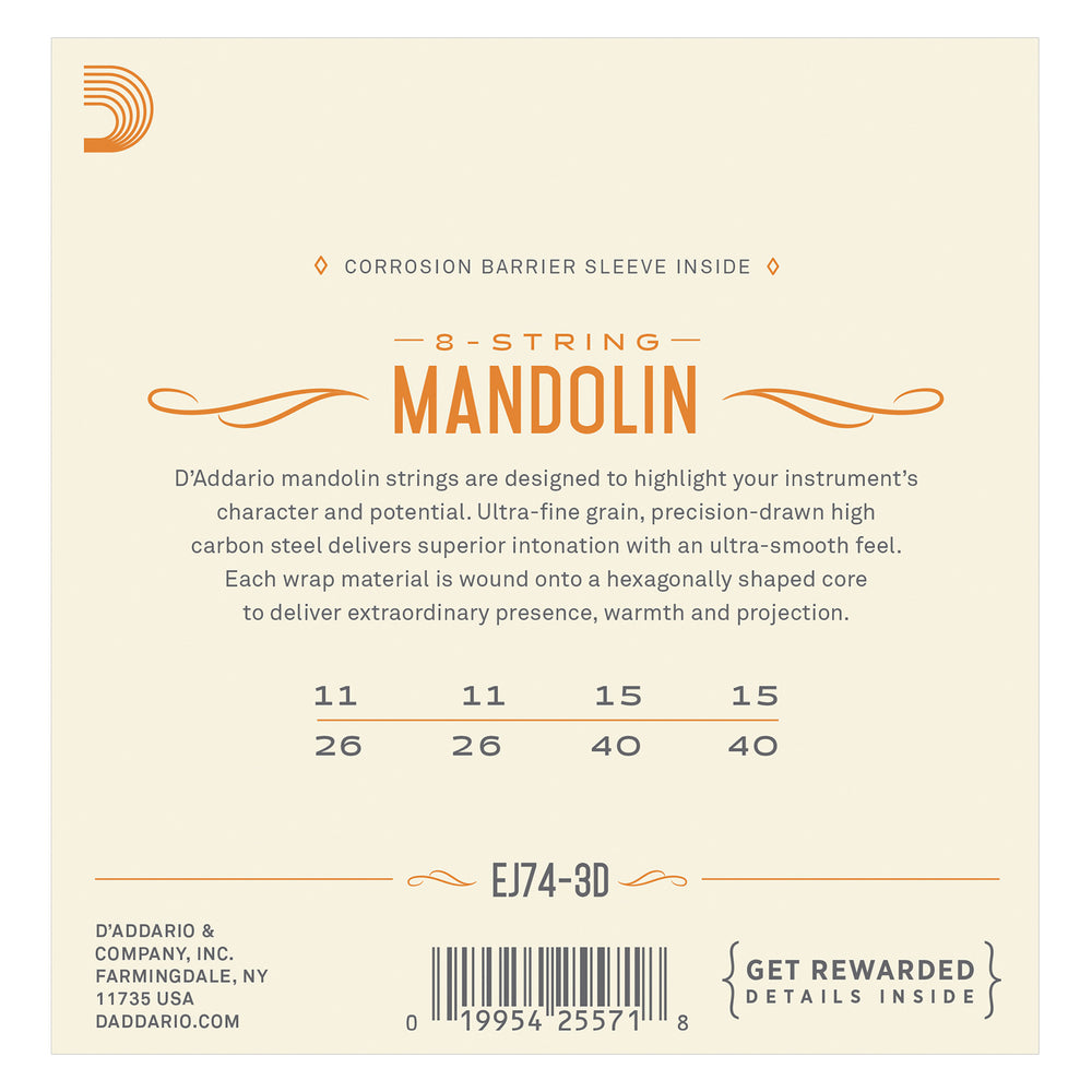 D'Addario EJ74-3D Mandolin Strings, Phosphor Bronze, Medium, 11-40, 3 Sets