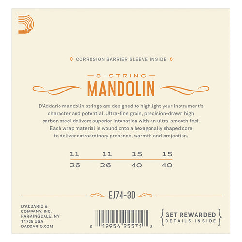 D'Addario EJ74-3D Mandolin Strings, Phosphor Bronze, Medium, 11-40, 3 Sets