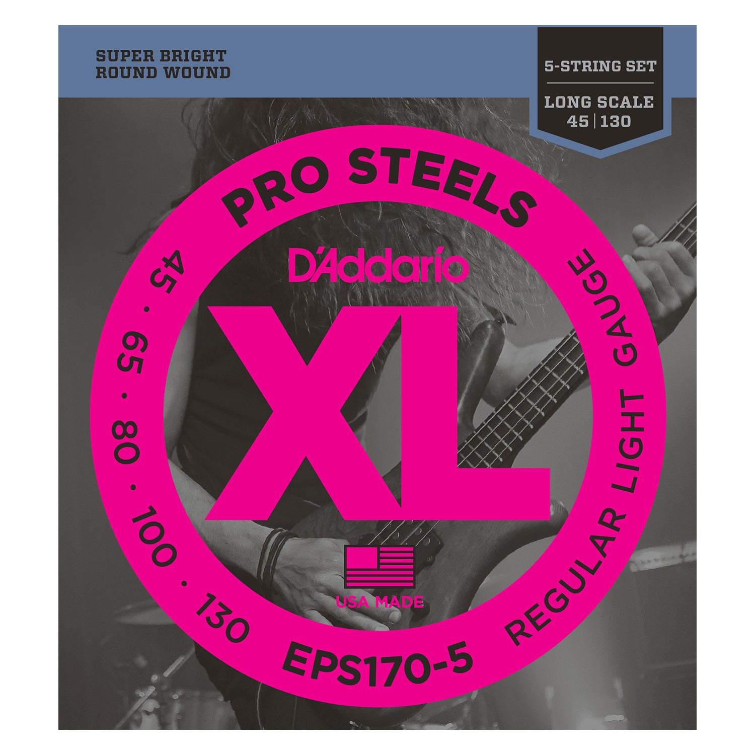 D'Addario EPS170-5 5-String ProSteels Bass Guitar Strings, Light, 45-130, Long Scale
