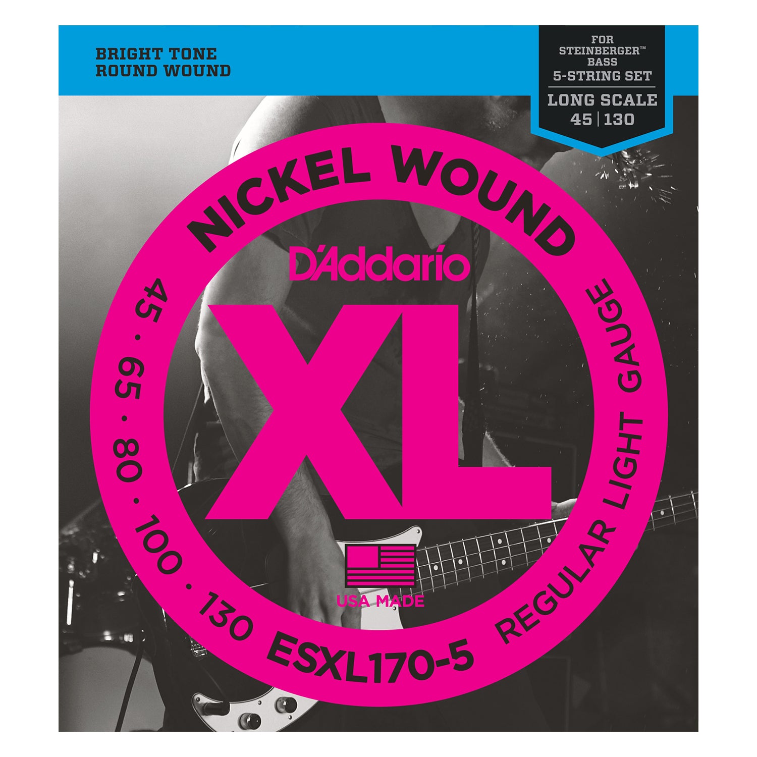D'Addario ESXL170-5 Nickel Wound 5-String Bass Guitar Strings, Light, 45-130, Double Ball End, Long Scale