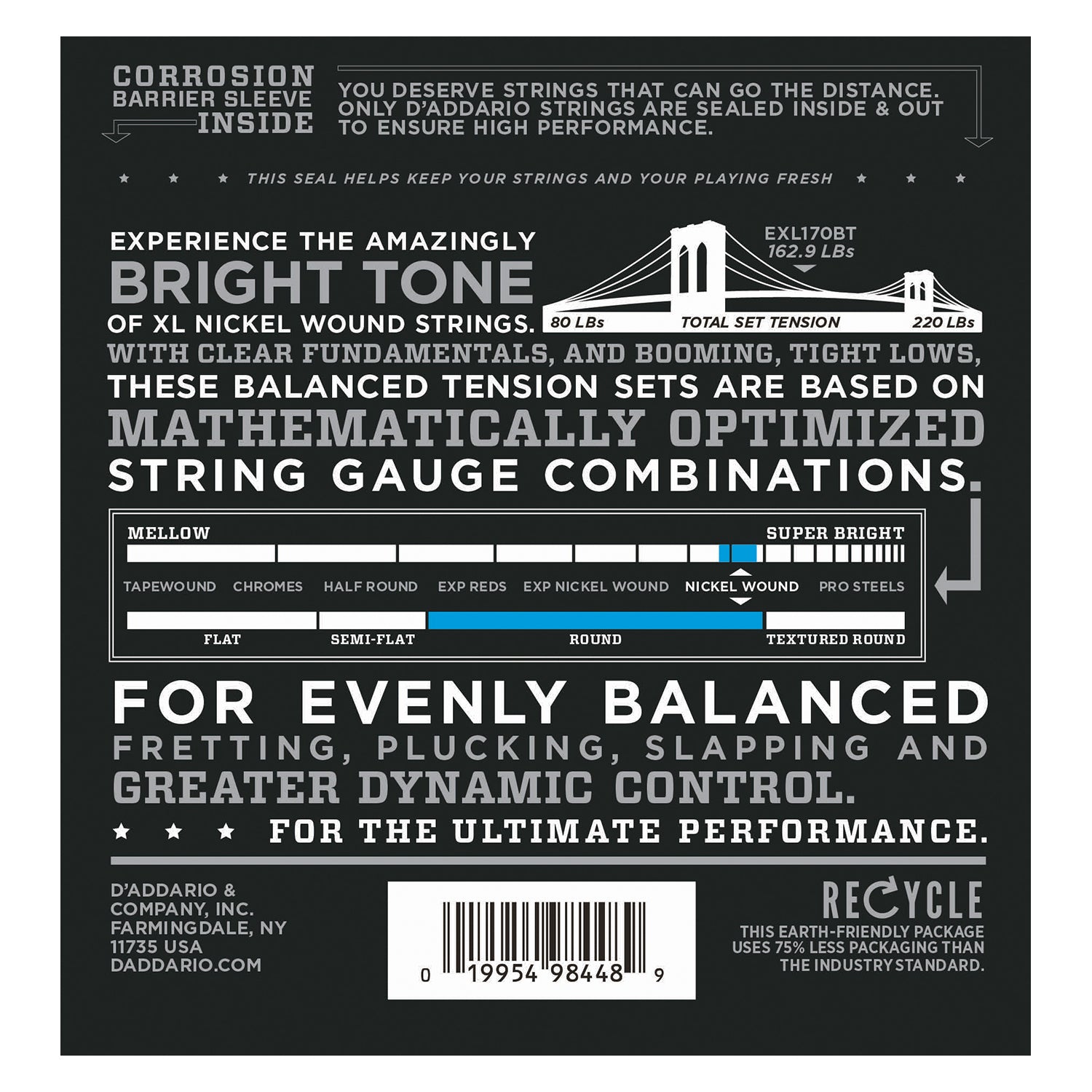 D'Addario EXL170BT Nickel Wound Bass Guitar Strings, Balanced Tension Light, 45-107