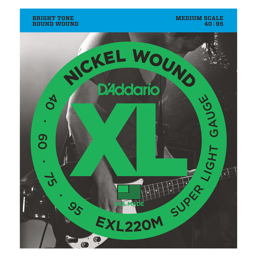 D'Addario EXL220M Nickel Wound Bass Guitar Strings, Super Light, 40-95, Medium Scale