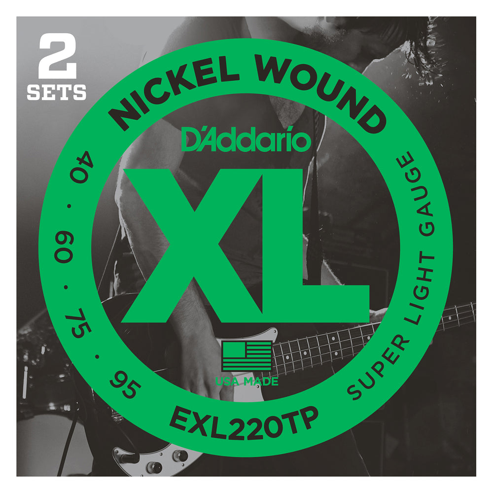 D'Addario EXL220TP Nickel Wound Bass Guitar Strings, Super Light, 40-95, 2 Sets, Long Scale
