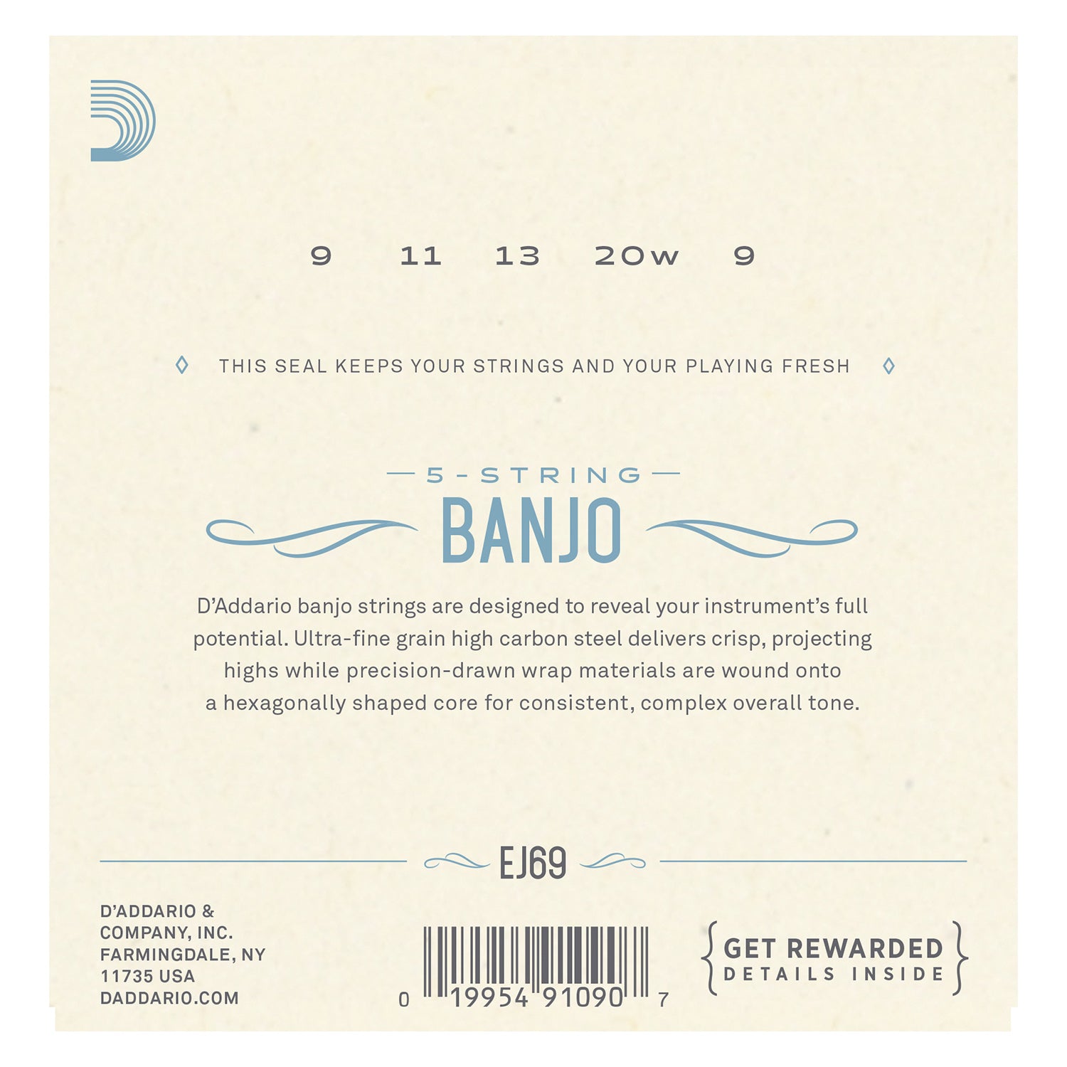 D'Addario EJ69 5-String Ball-End Banjo Strings, Phosphor Bronze, Light, 9-20