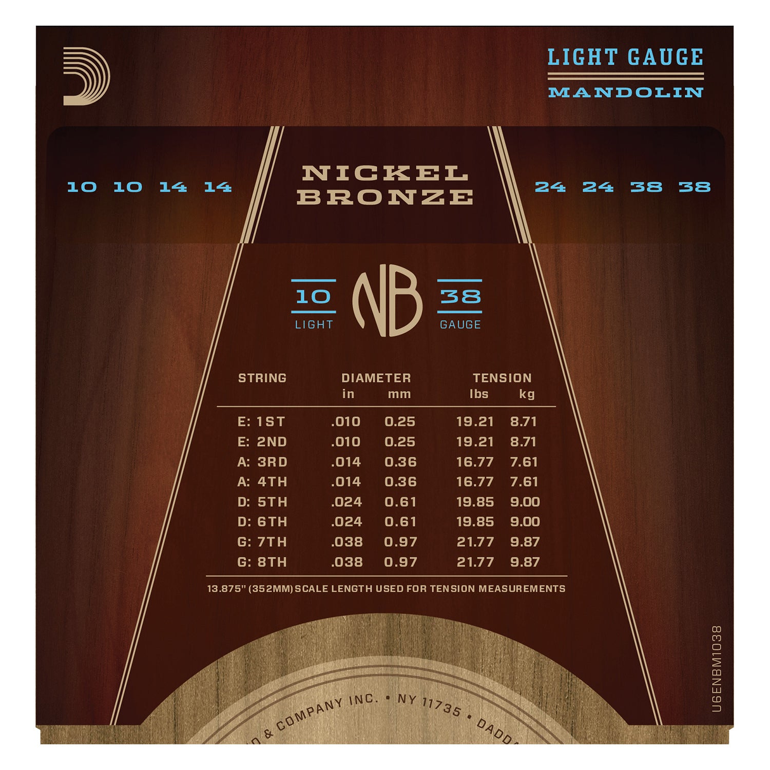 D'Addario NBM1038 Nickel Bronze Mandolin Strings, Light, 10-38
